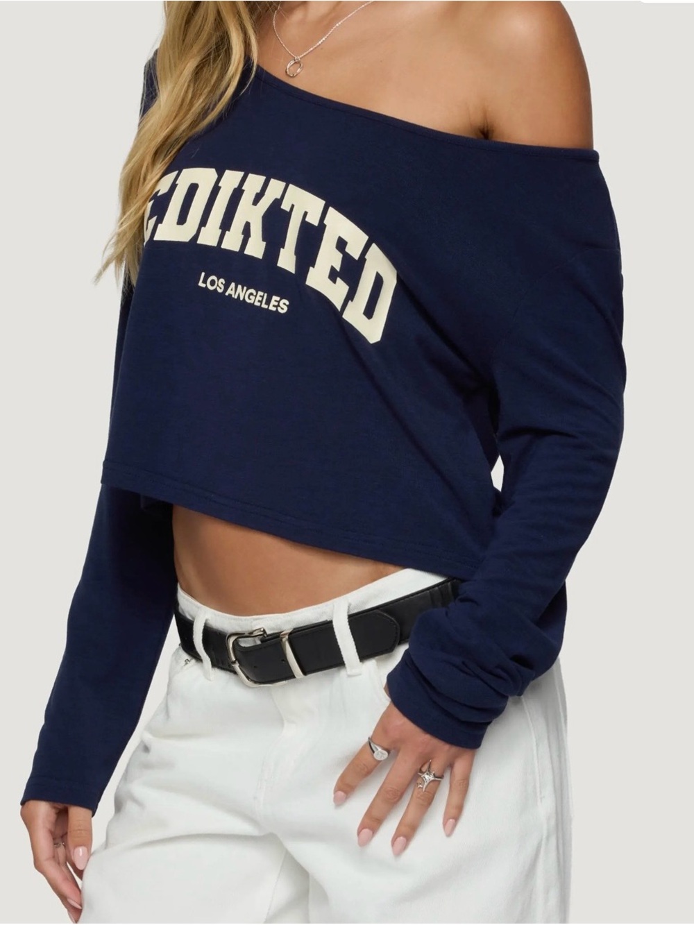 NWT edikted LA Babe Navy Off-Shoulder Cropped Long Sleeve Tee Shirt Top S